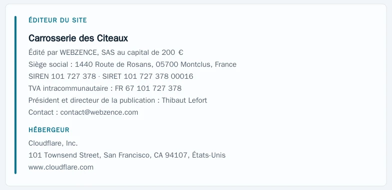 Coordonnées légales de l&rsquo;éditeur et de l&rsquo;hébergeur du site