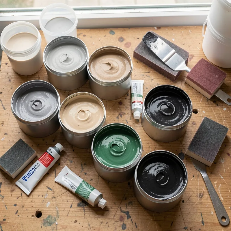 Sept pots de mastic de carrosserie ouverts sur un établi d&rsquo;atelier avec spatules et tubes de durcisseur