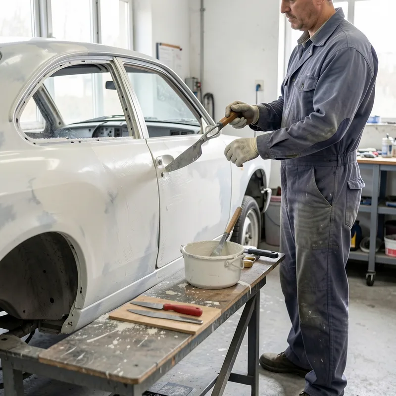 Carrossier appliquant du mastic à la spatule inox sur une aile décapée jusqu&rsquo;au métal