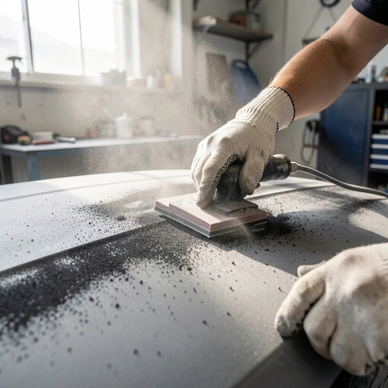 Ponçage à la cale longue d&rsquo;une zone de mastic gris sur un panneau de carrosserie