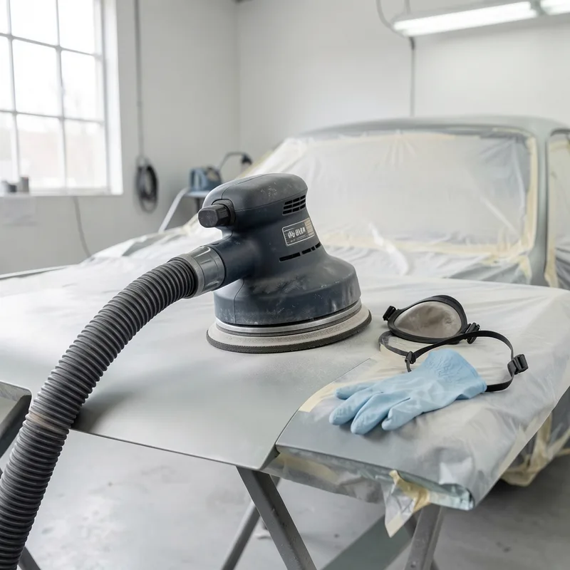Ponceuse orbitale reliée à une aspiration à la source dans un atelier de carrosserie ventilé