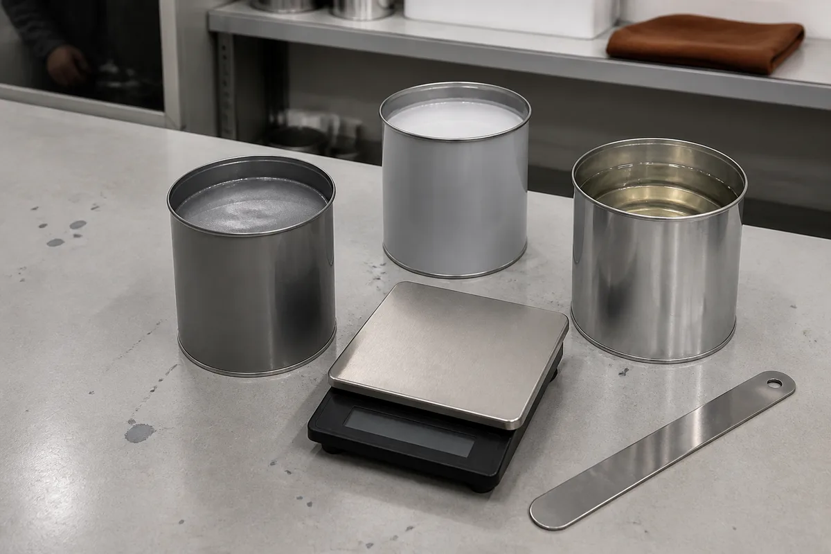 Trois pots de peinture automobile ouverts sur un plan de travail d&rsquo;atelier avec une balance de dosage