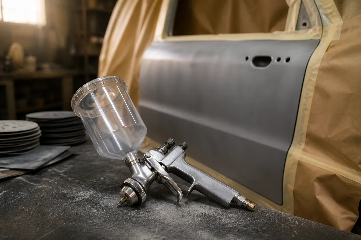 Pistolet à peinture à gravité posé près d&rsquo;un panneau de carrosserie masqué au ruban