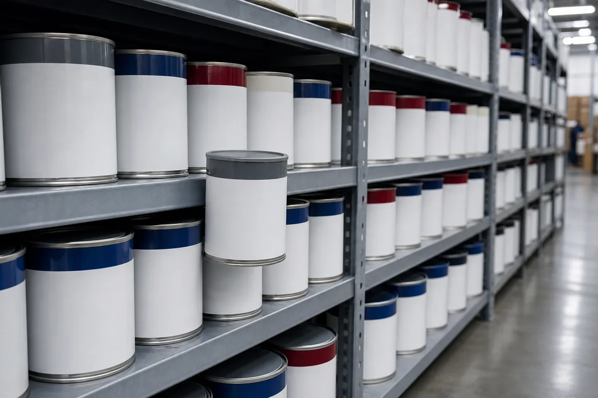 Rayonnage de pots de teintes automobiles étiquetés dans un dépôt de distribution