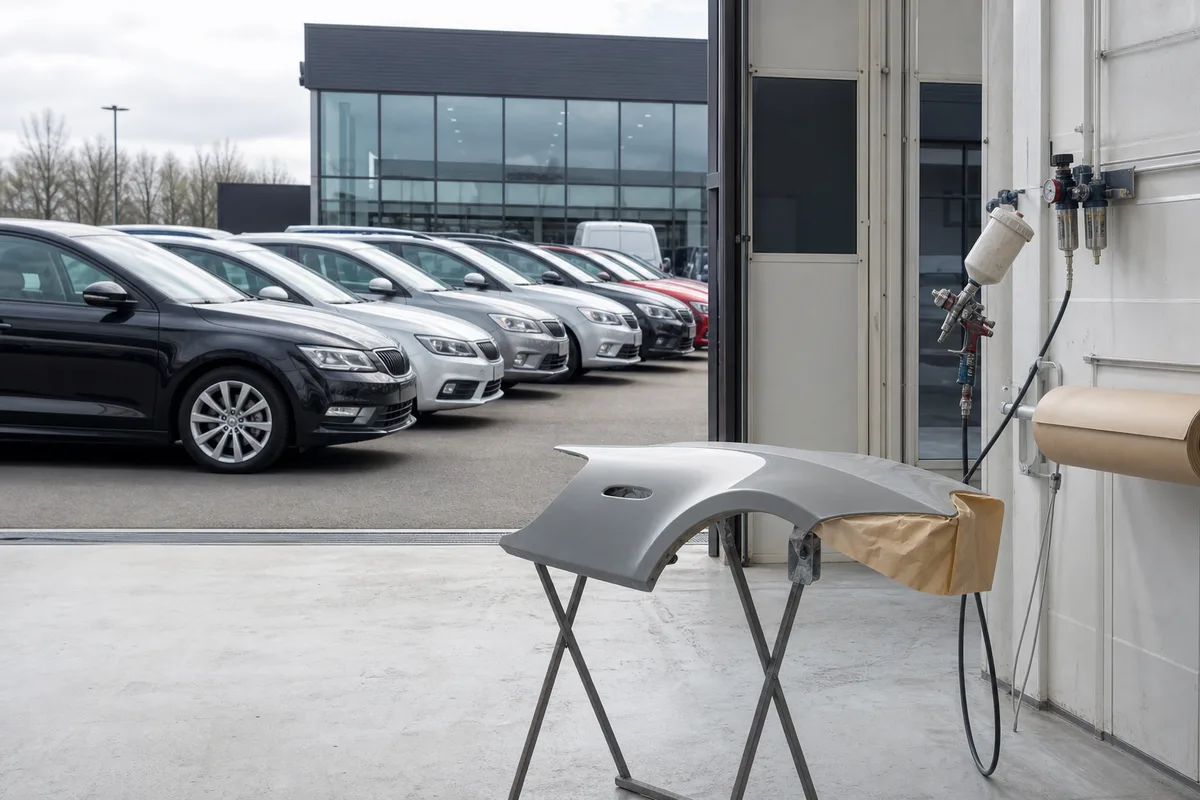 Parc de véhicules d&rsquo;occasion alignés devant un point de vente automobile