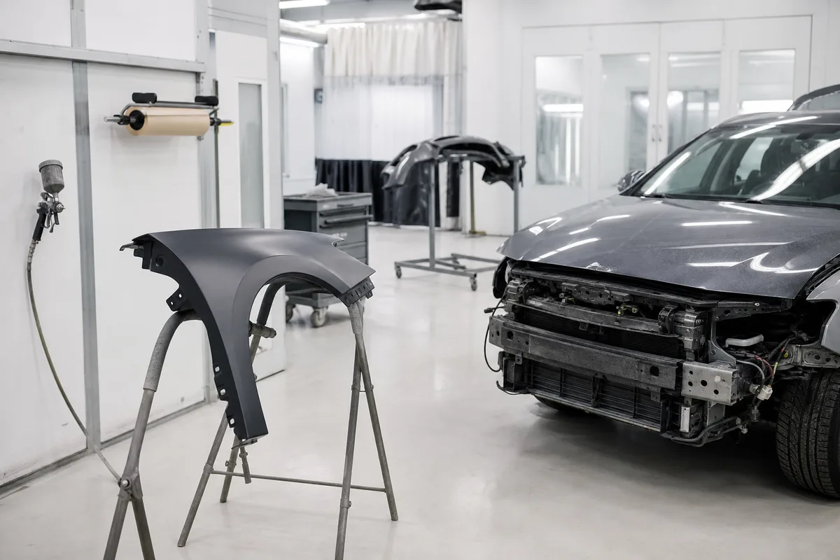 Atelier de carrosserie avec un véhicule en cours de démontage des éléments avant