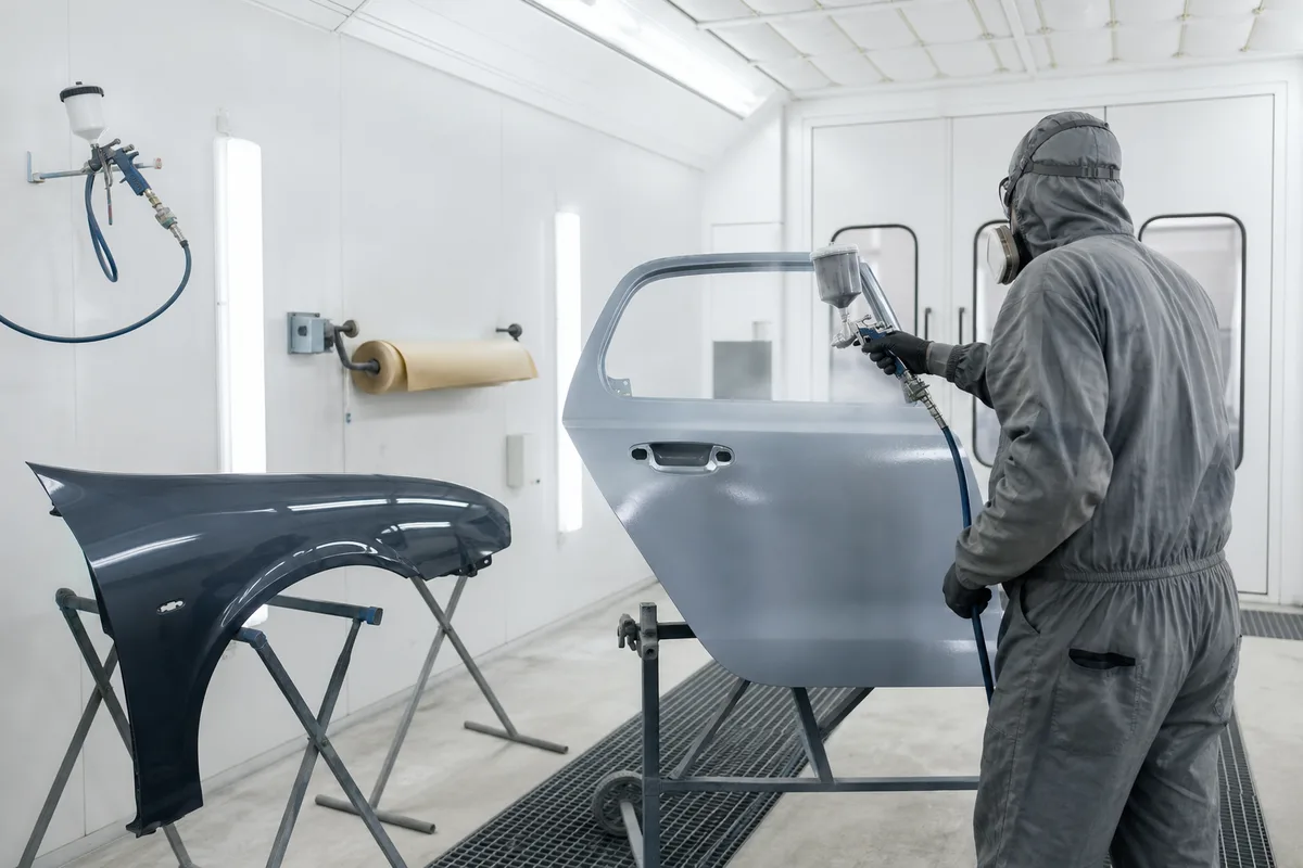 Peintre en cabine appliquant un vernis sur une portière de véhicule