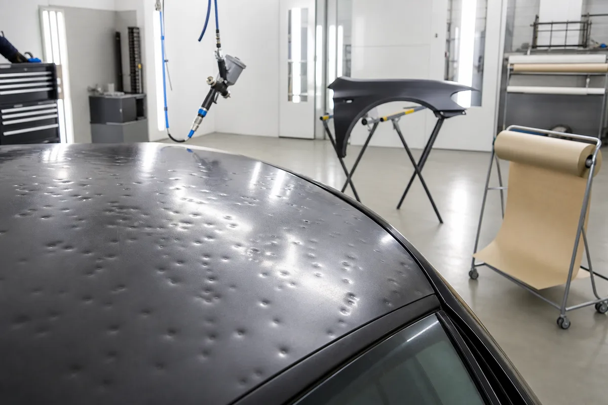 Toit de voiture couvert de multiples impacts de grêle sous une lumière rasante