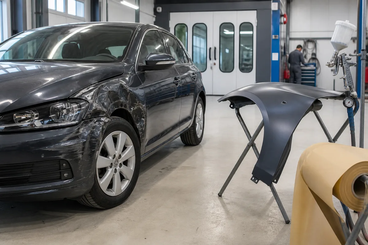 Véhicule accidenté à l&rsquo;aile avant photographié dans un atelier de réparation