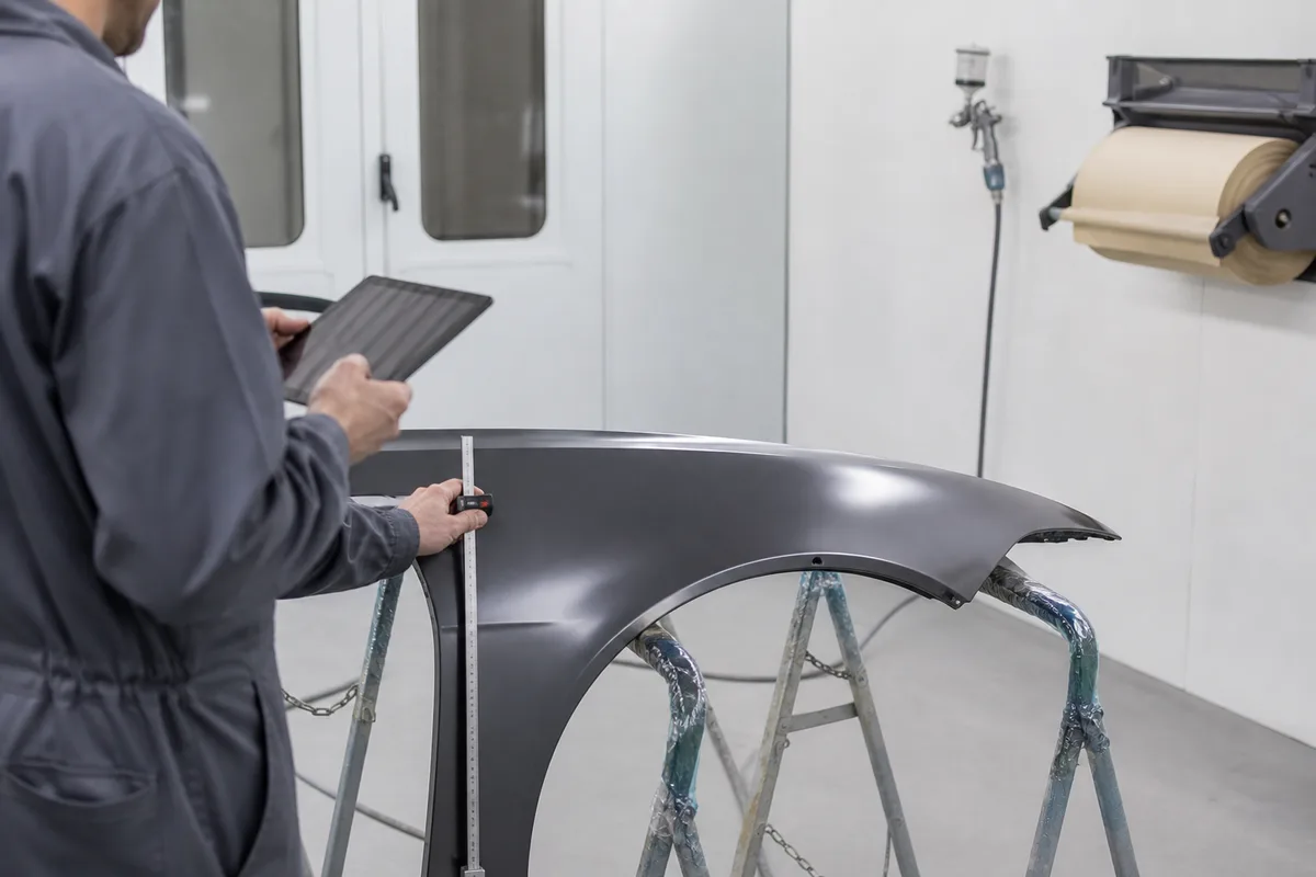Expert automobile relevant des mesures sur une aile endommagée avec une tablette