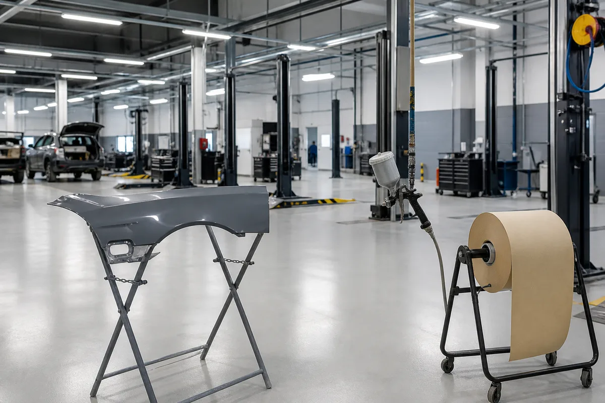 Atelier automobile aux couleurs d&rsquo;un réseau constructeur avec plusieurs ponts élévateurs