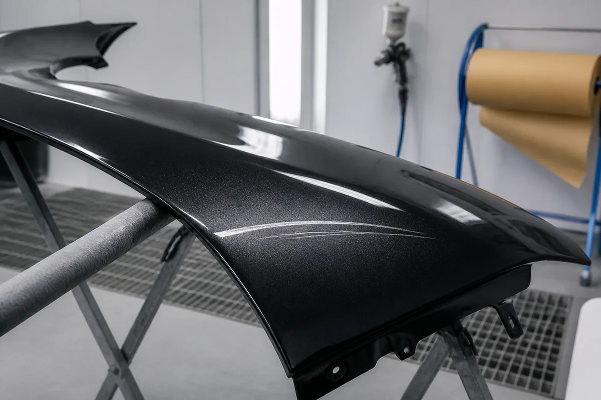 Détail d&rsquo;une rayure superficielle sur une carrosserie sombre en lumière rasante
