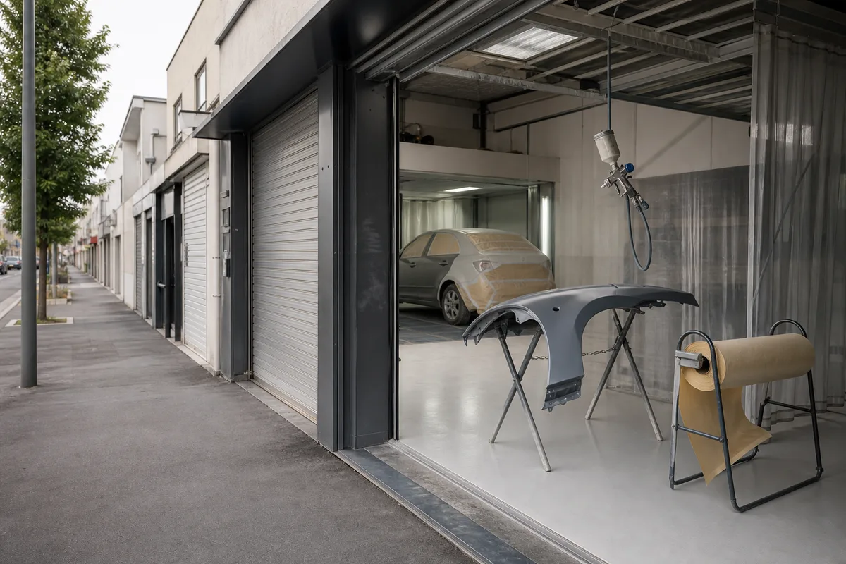Rue commerçante d&rsquo;une ville des Hauts-de-Seine bordée de vitrines d&rsquo;ateliers automobiles